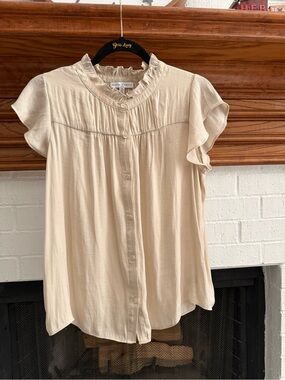 Cream Ruffle-Trim Button Front Blouse